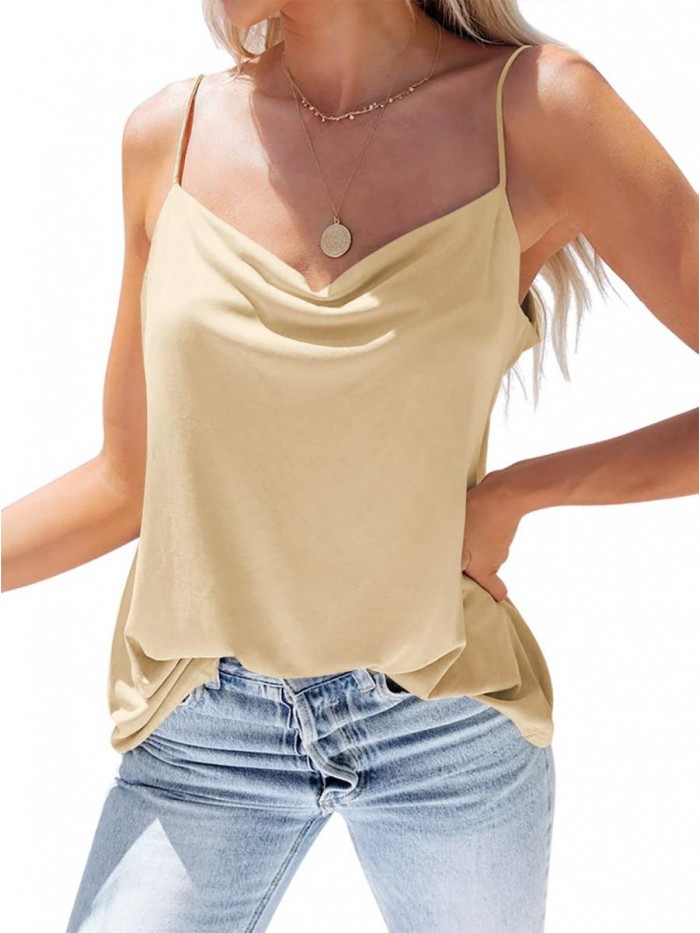 Women Spaghetti Straps Cowl Neck Camis Loose Comfy Sleeveless Tank Top Soft Camisole Blouse 