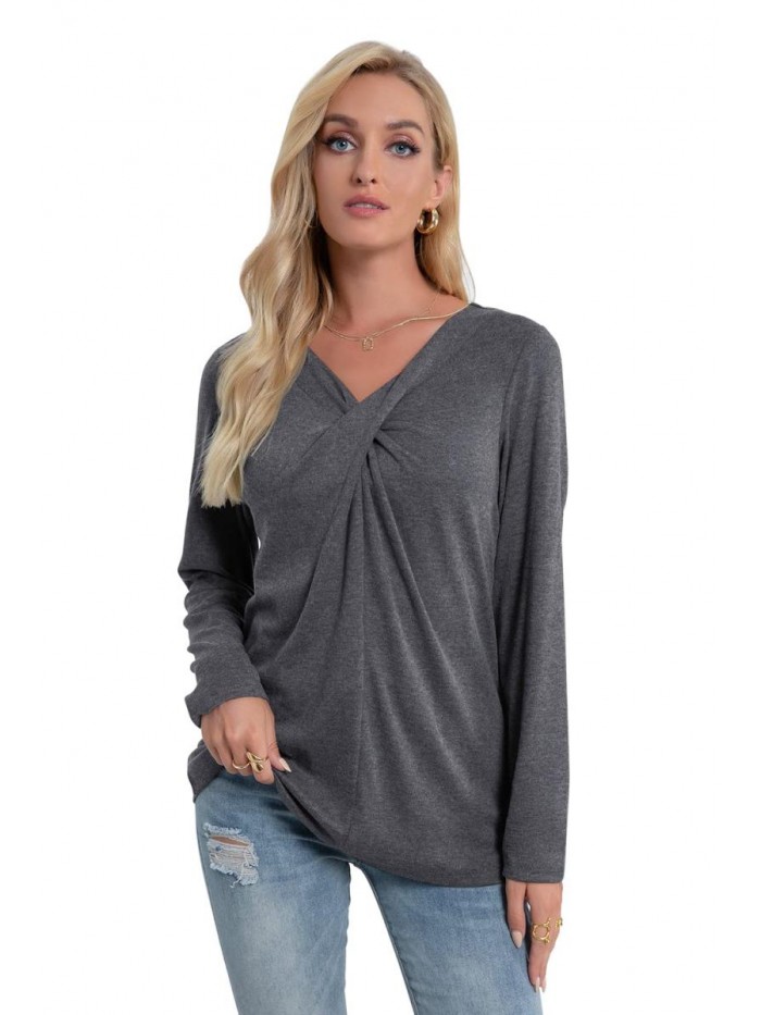 Womens Long Sleeve V Neck T Shirts Casual Cross Neck Tunic Blouses Tops Tees 