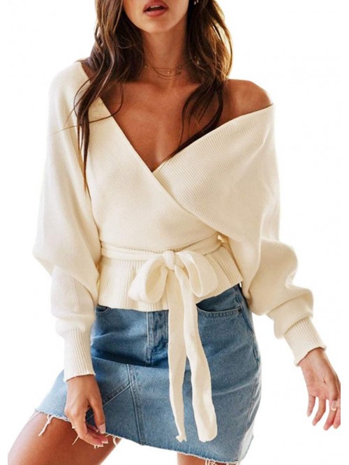 Women's Long Batwing Sleeve Wrap V Neck Belted Wai...