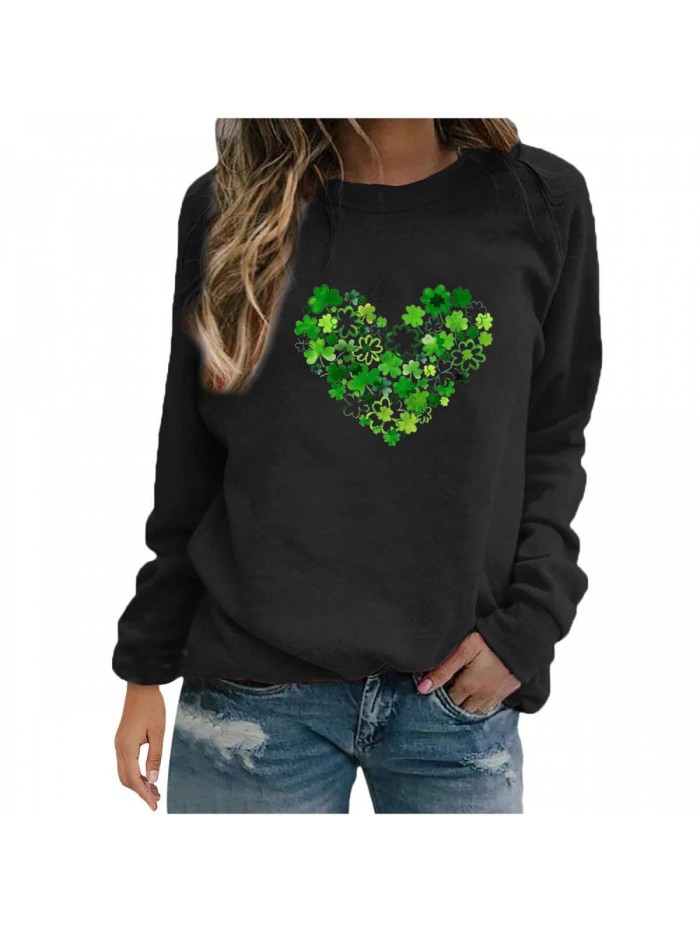 Sleeve Shirts for Women Trendy St. Patrick's Day Four Leaf Print Crewneck Sweatshirts Loose Fit Plus Size Blouses 