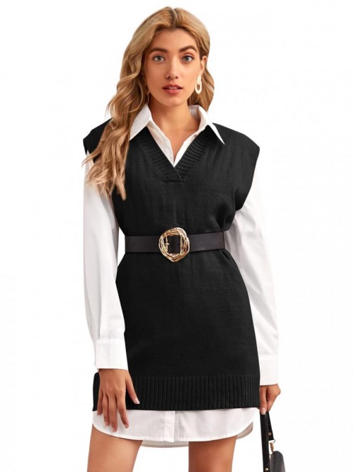 Women's V Neck Knit Oversized Sweater Vest Dress S...