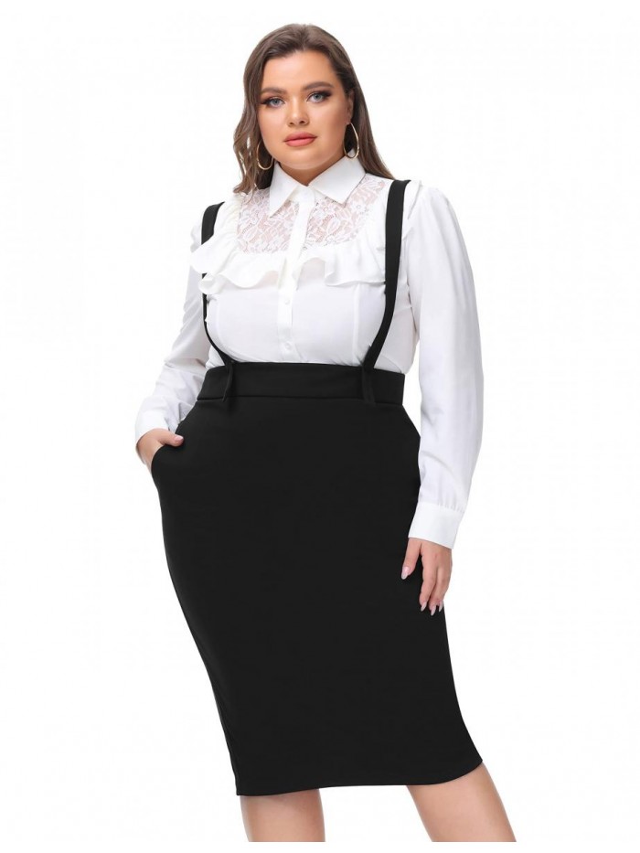 Plus Size High Waist Overalls Back Slit Pencil Bodycon Midi Suspender Skirt 