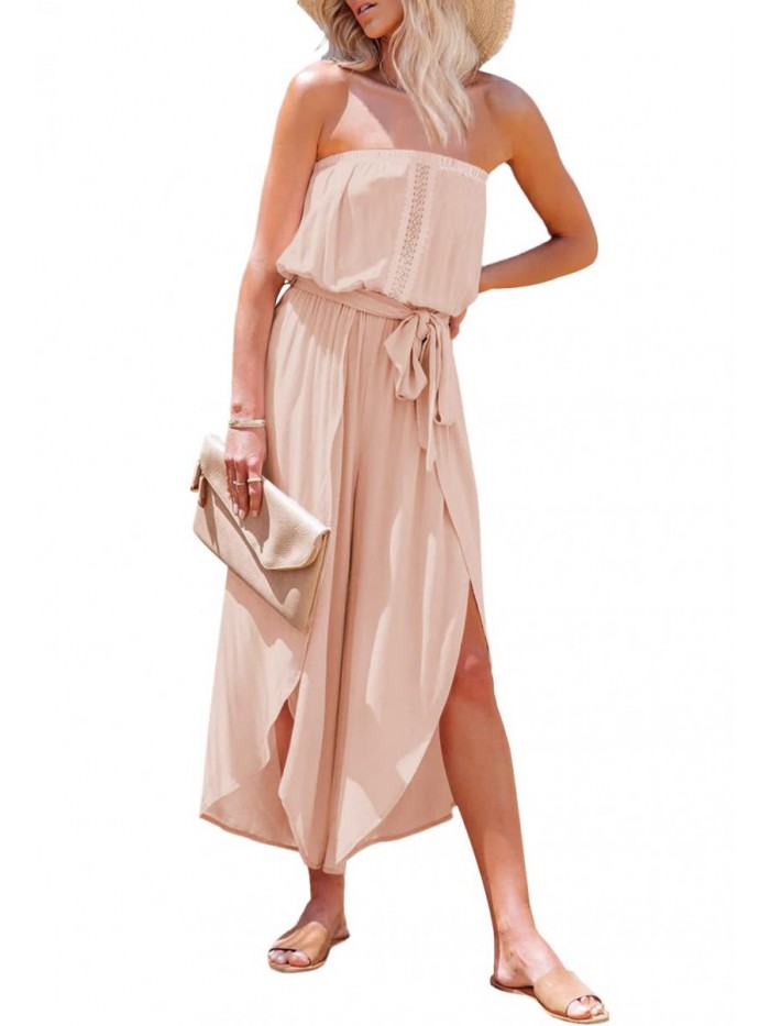 Women's Strapless Tube Top Jumpsuit Slit Wide Leg Pants Romper with Belt 