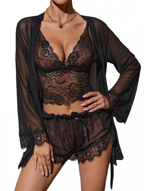 Women's 3 Piece Sleepwear Floral Lace Lingerie Cam...