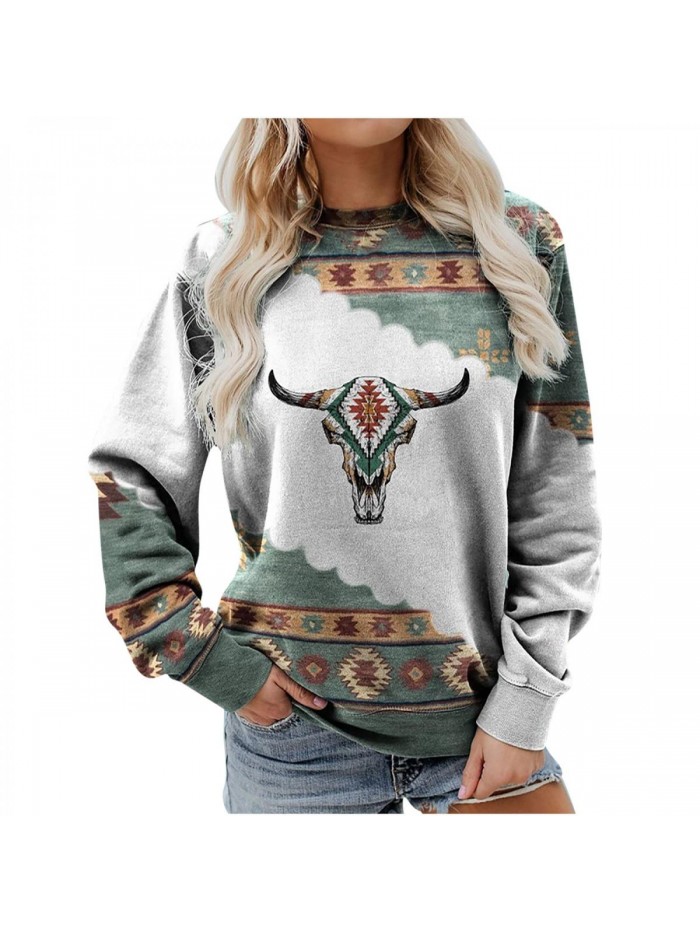 Sleeve Shirts for Women Western Aztec Ethnic Print Lightweight Sweatshirt Round Neck Long Sleeve T Shirt Casual Top 