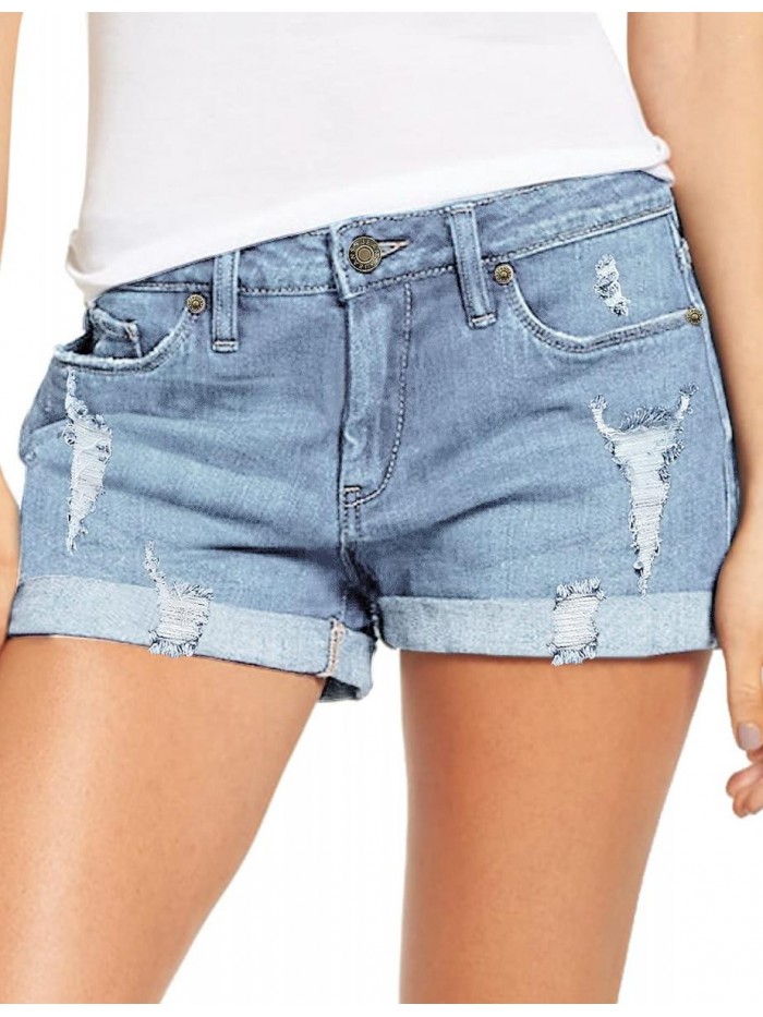 Women's High Waisted Rolled Hem Distressed Jeans Ripped Denim Shorts 