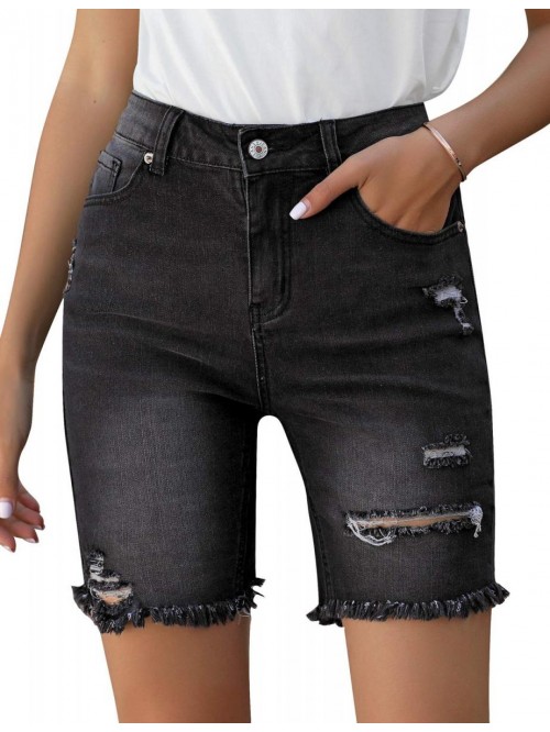 Women's High Waist Bermuda Shorts Ripped Distresse...