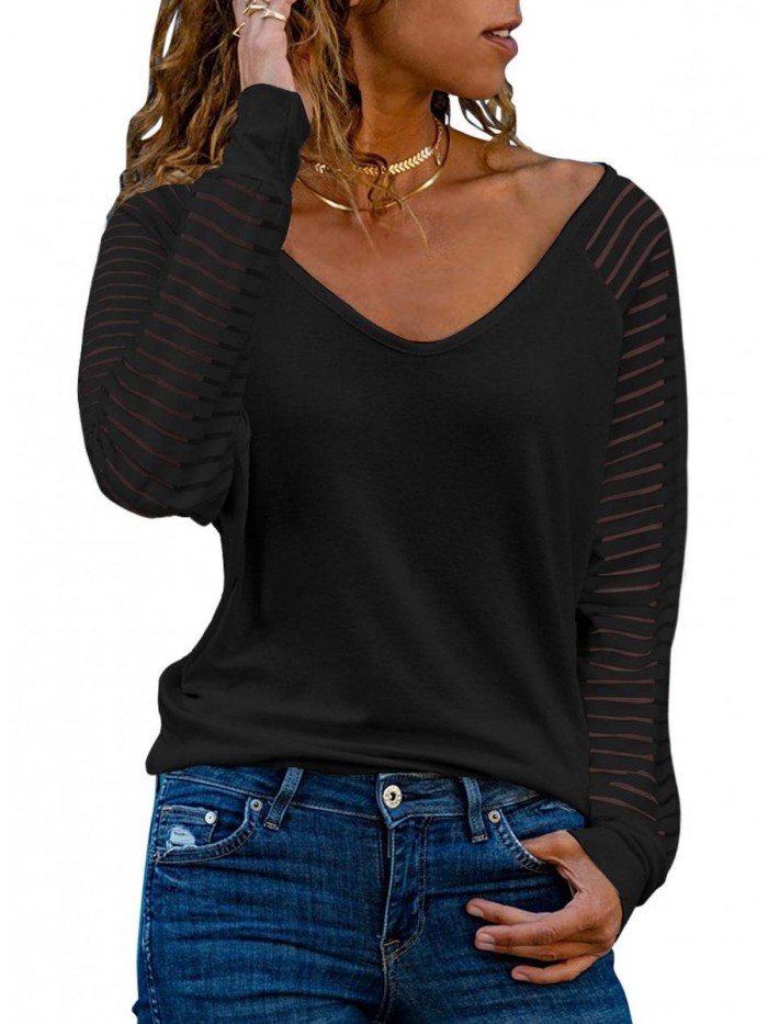 Women's Casual V Neck Tops Long Sleeve Shirts Striped Sheer Mesh Patchwork Blouses and Tops 