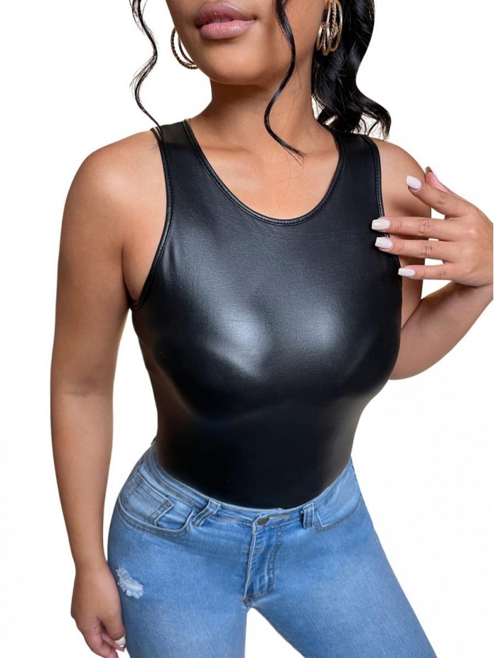 Women's Casual Faux Leather Tank Top Slim Fit PU Leather Vest 