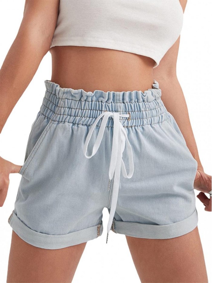 Women's Elastic High Waisted Denim Shorts Rolled Hem Jean Shorts with Pockets 