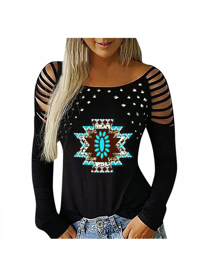 Cold Shoulder Tops with Rhinestone Design Strppy Shirts Sexy Long Sleeve Aztec Vintage Western Tshirts Tops 