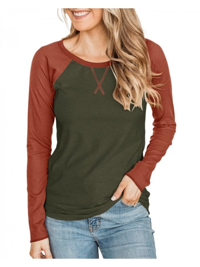 Womens Baseball Raglan Long Sleeve Tunic Tops Spring Color Block Crew Neck Tee Basic Casual Blouse 