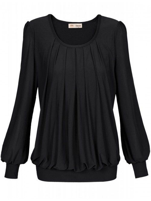 Women's Long Sleeve Scoop Neck Pleated Front Fitte...