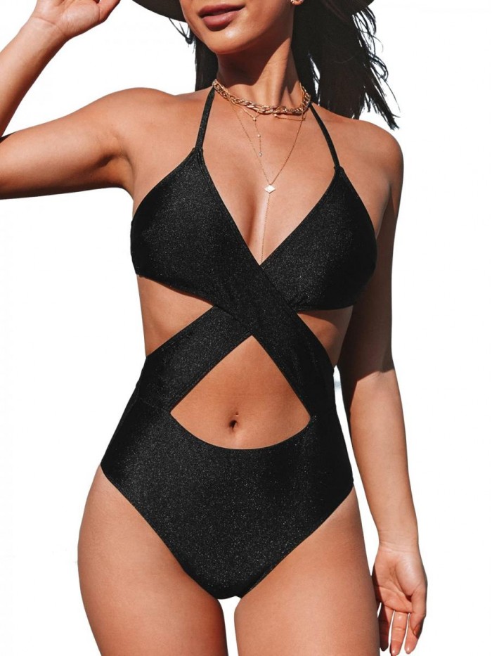 Women One Piece Swimsuit V Neck Halter Cut Out Criss Cross Front Self Tie Monokini Bathing Suit 