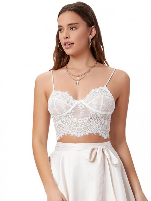 Women's Sheer Lace Cami Crop Top Stretch Spaghetti...