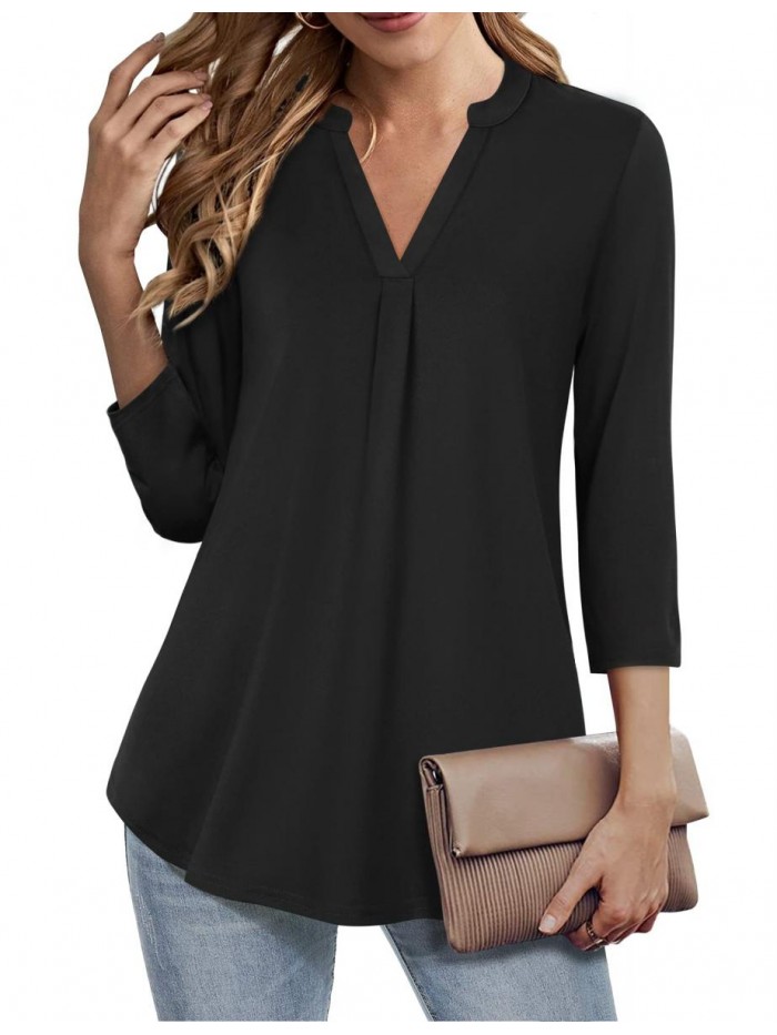 Women's V Neck 3/4 Sleeve Shirts Dressy Tops Business Casual Workwear Blouses 