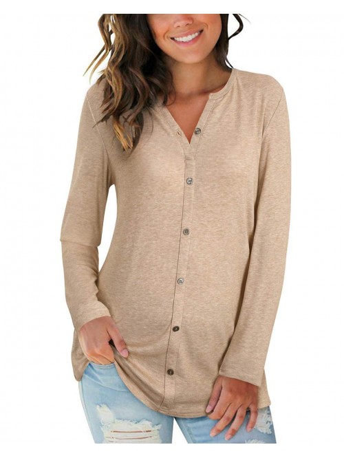 Women Long Sleeve V Neck Button Down T Shirt Color...