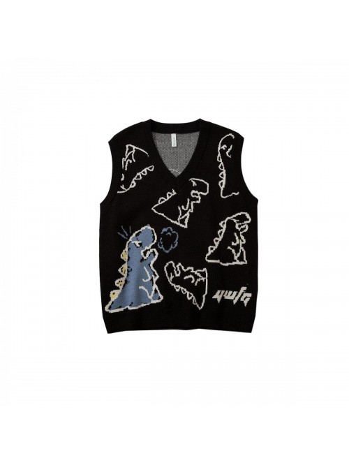 Knitted Tank Top E-Girls 90S Dinosaur Print V-Neck...