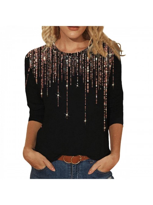 Womens 3/4 Sleeve Tops Fashion Shinny Glow Print C...