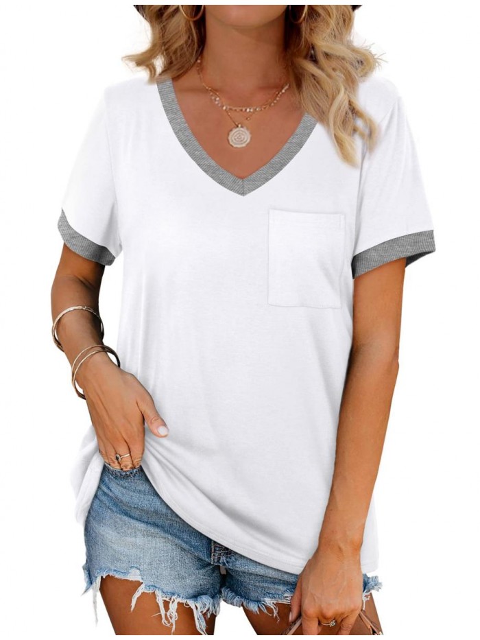 Womens T Shirts Short Sleeve V Neck Loose Casual Summer Tops with Pocket 