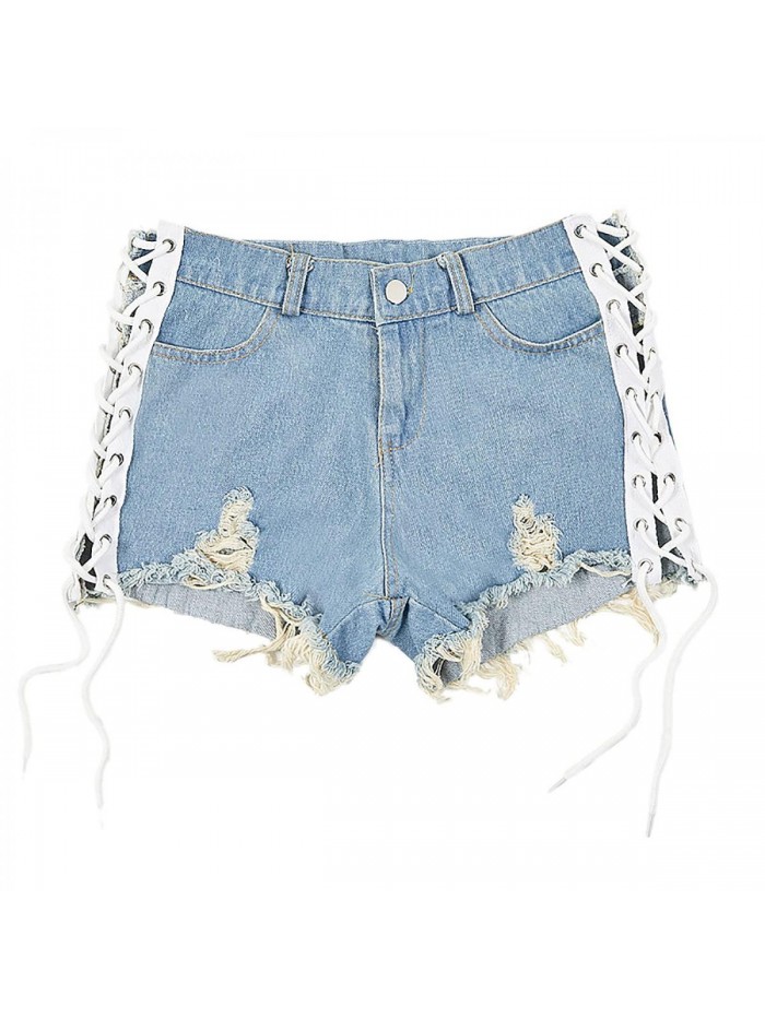 Women's Ripped Frayed Raw Hem Denim Shorts Mid Rise Casual Summer Bermuda Shorts Side Lace Up Sexy Club Short Jeans 