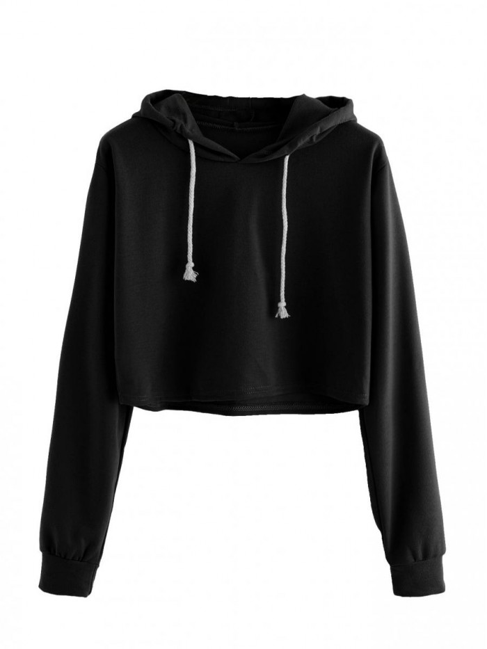 Women's Drawstring Cropped Hoodies Casual Plain Workout Crop Tops Sweatshirt 