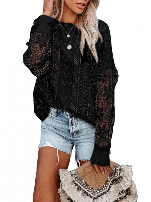 Women Lace Crochet Long Sleeve Crewneck Sweaters W...