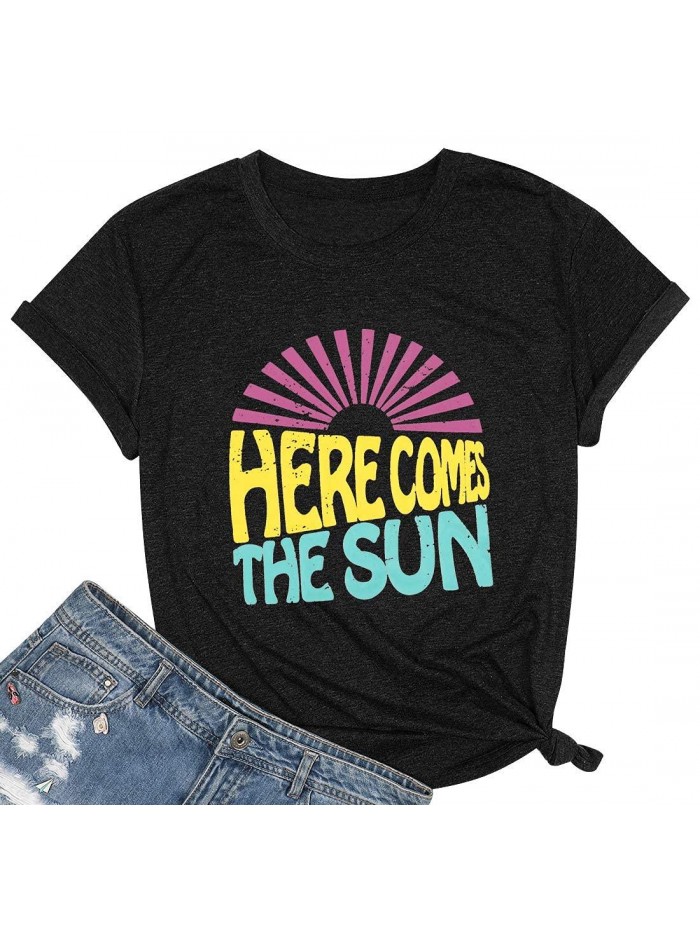 Comes The Sun Shirt for Women Cute Sunshine Graphic Tee Funny Letter Print Tee T Shirt 