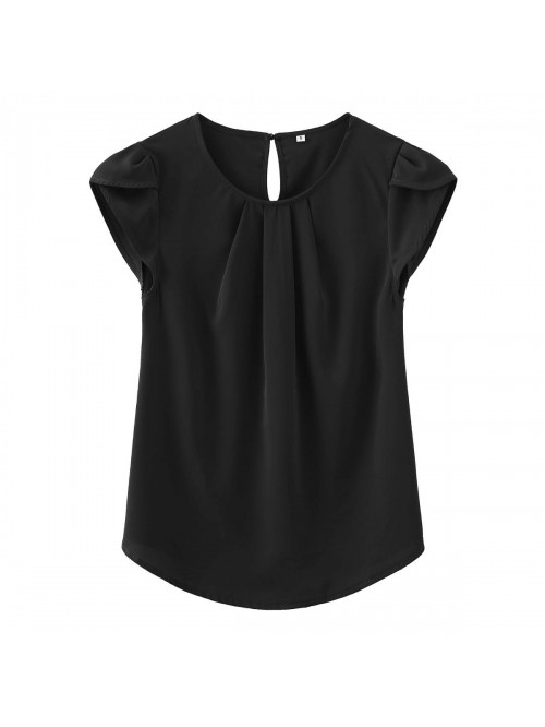 Women's Casual Round Neck Basic Pleated Top Cap Sl...