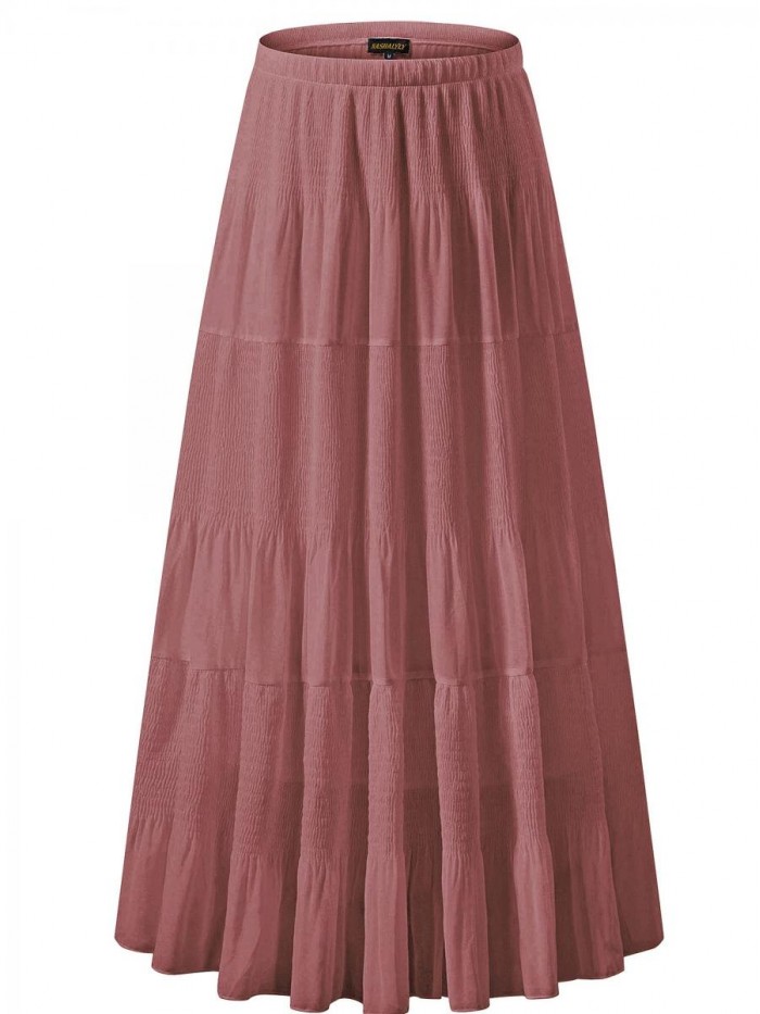 Women's Chiffon Elastic High Waist Pleated A-Line Flared Maxi Skirts 