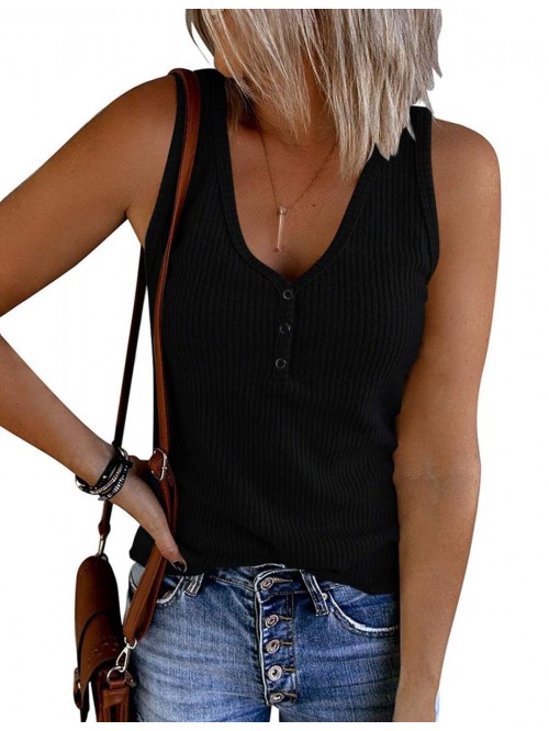 Womens Summer V Neck Sleeveless Tank Top Ribbed Bu...