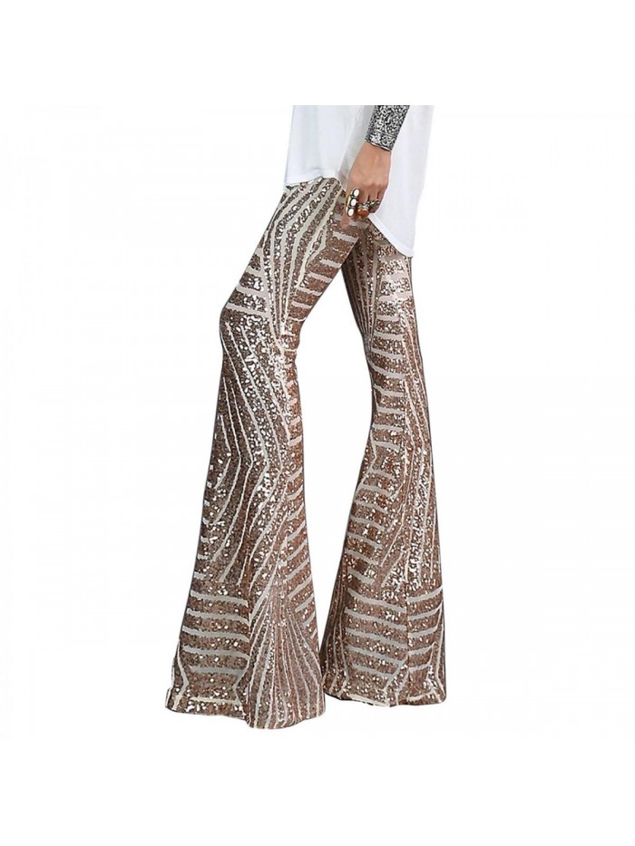 Sequin Bell Bottoms for Women Glitter High Waist Wide Leg Palazzo Pants Casual Sparkle Flared Trousers Disco Pants 