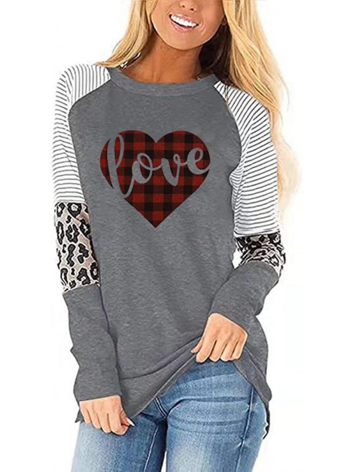 Valentine's Day T-Shirt Leopard Stripe Splicing Sleeve Raglans Shirt Love Heart Printed Buffalo Plaid Graphic Tees 