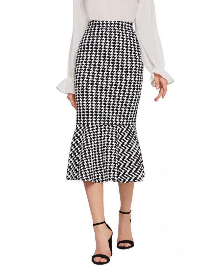 Women's Houndstooth Print Ruffle Hem Long Pencil Bodycon Fishtail Skirt 