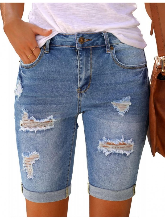 Women's Casual High Waisted Rolled Hem Bermuda Shorts Ripped Denim Jean Shorts 