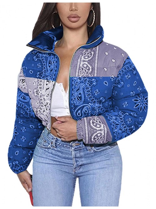 Women's Bandana Print Crop Puffer Jacket Stand Col...