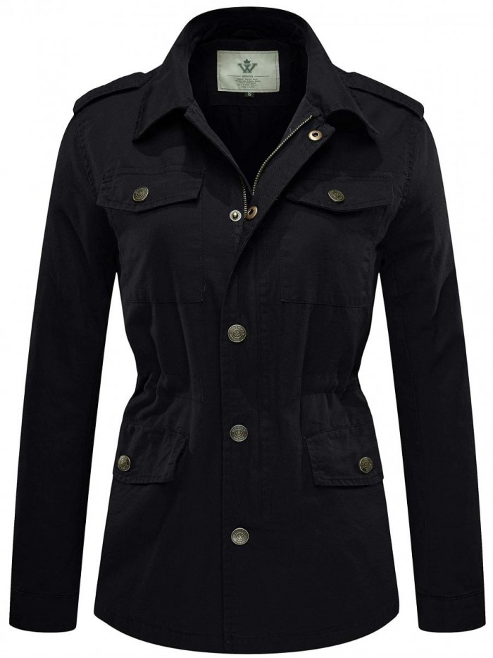 Women's Lapel Light Canvas Twill Cotton Military Jacket with Drawstring 