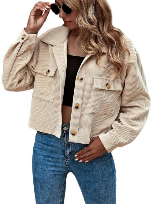 Women's Casual Cropped Corduroy Jackets Button Dow...
