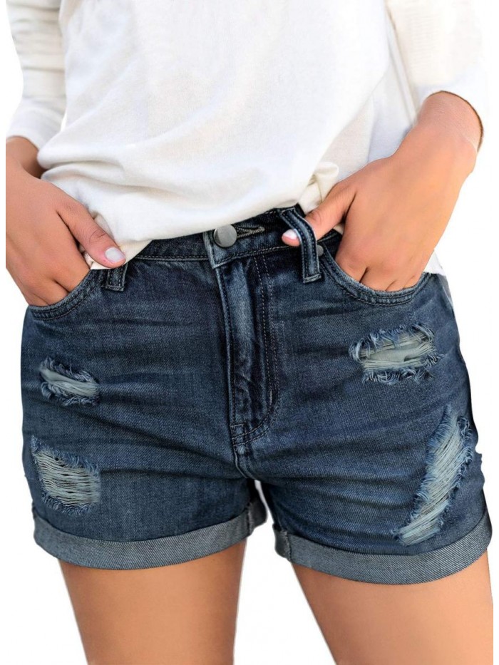 Women's Ripped High Waisted Denim Shorts Stretchy Cuffed Hem Jean Shorts 