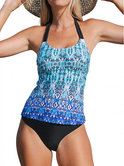 Women Halter Tankini Swimsuit Ethnic Print Self Ti...