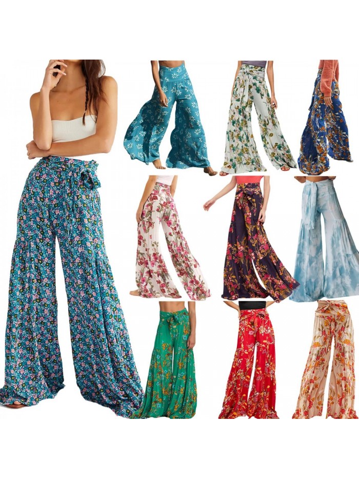 Women Boho Pants Smocked Waist Hippie Palazzo Summer Beach Bikini Bottom Cover up High Waist Wide Leg Pants 