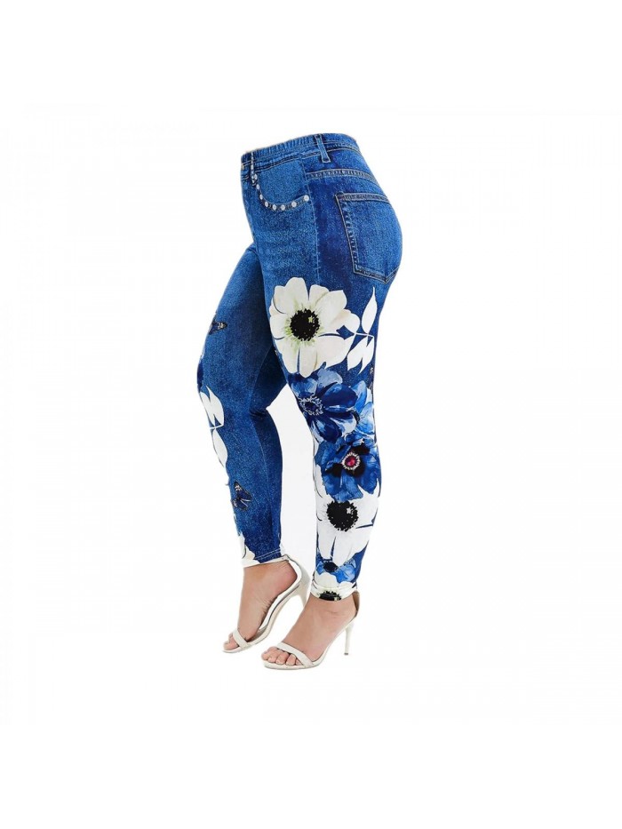 Leggings for Women Floral Denim Print Plus Size Yoga Pants Stretch Jean High Waist Fake Jeans Tights Jeggings Pants 