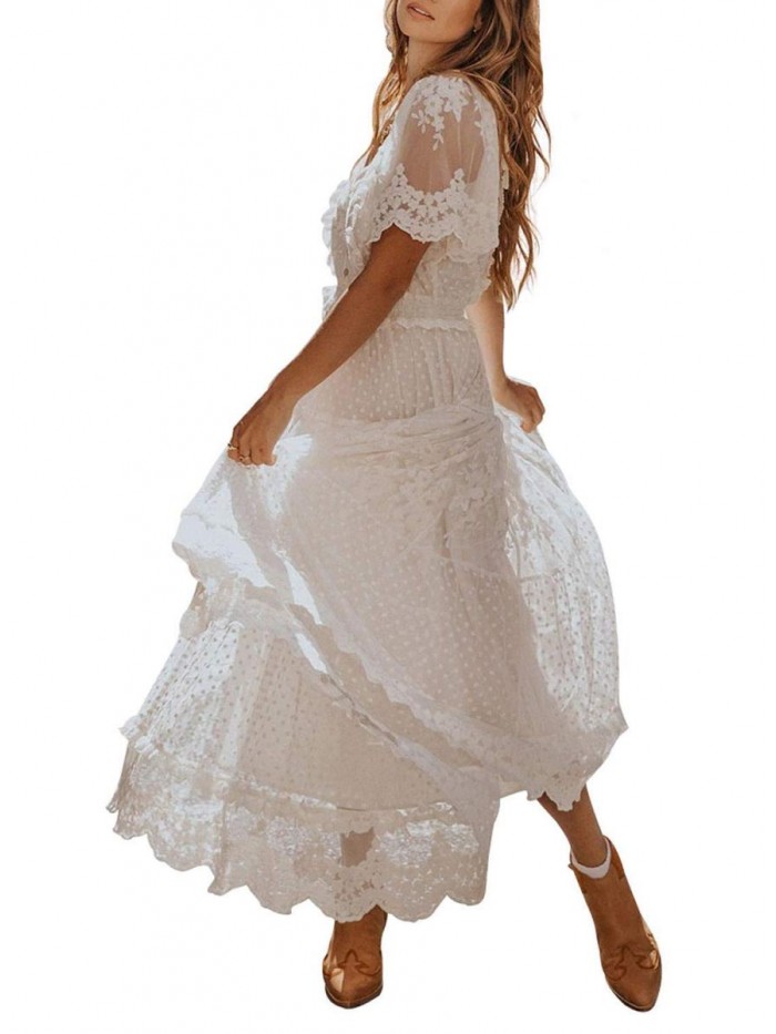 Women's V Neck Floral Lace Wedding Dress Short Sleeve Bridesmaid Evening Party Maxi Dress 