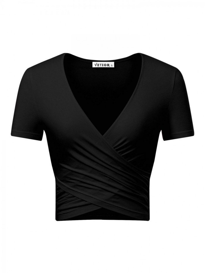 Women's Deep V Neck Short Sleeve Tops Unique Slim Fit Cross Wrap Shirts Crop Tops 