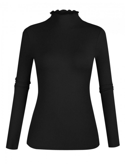 Women's Lettuce Trim Mock Neck Long Sleeve Slim Fi...