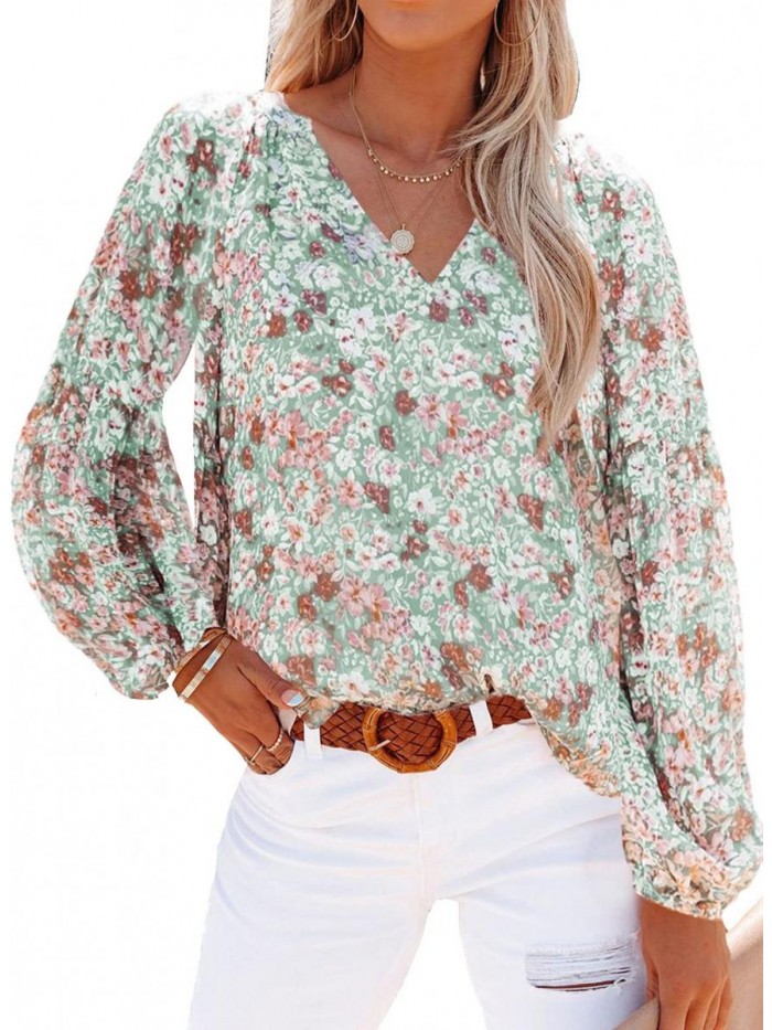 Womens Casual Boho Floral Print V Neck Long Sleeve Loose Blouses Shirts Tops 