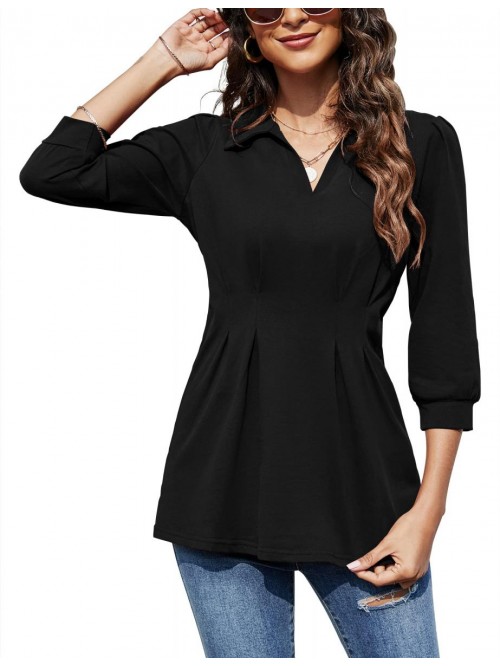 Women's V Neck Blouse with Waist folds 3/4 Sleeve ...