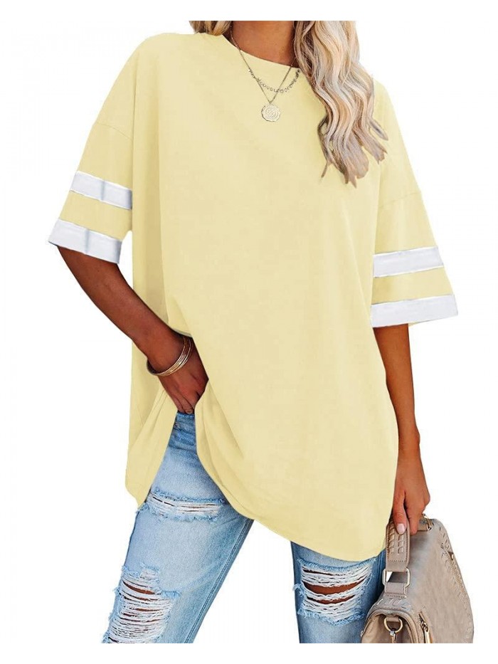 Womens Oversized Tees Loose T Shirts Half Sleeve Crew Neck Color Block Cotton Tunic Tops 