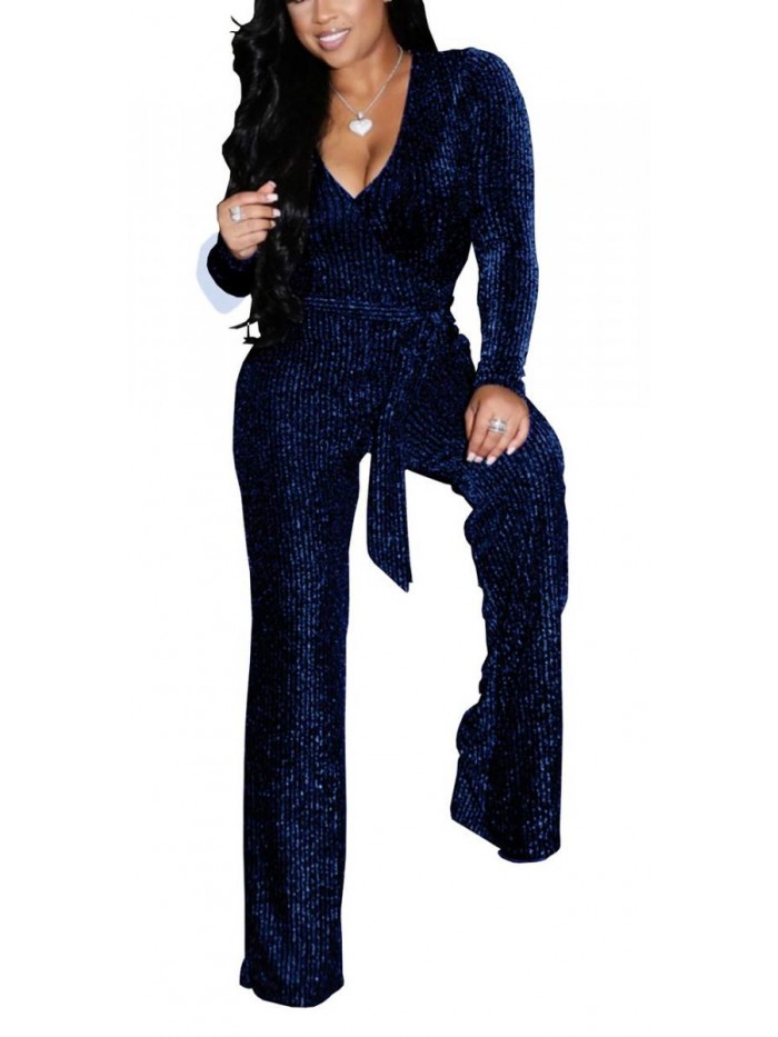 Casual Sexy Sequin Jumpsuits V Neck Long Sleeve Onesie Pants Party Clubwear with Belt 