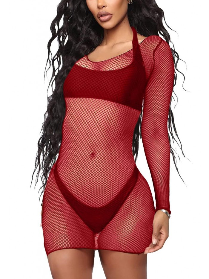 Womens See Through Mesh Dresses Swimsuits Summer Cover ups Long Sleeves Sheer Fishnet Swimwear 